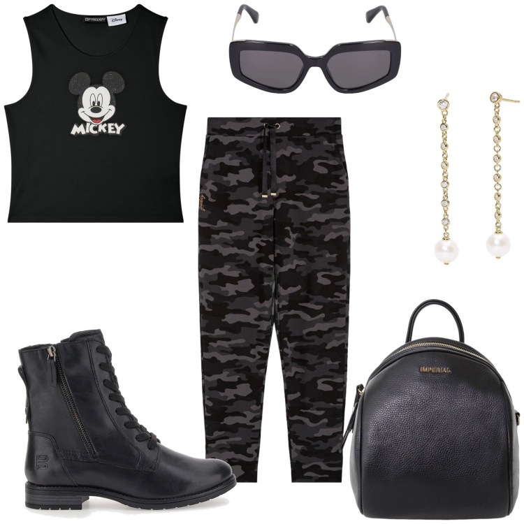 Outfit donna - Mi vesto come voglio. Stile Military per Tutti i giorni. Abbinamento con orecchini, zaini, canottiere, pantaloni, anfibi, occhiali da sole.