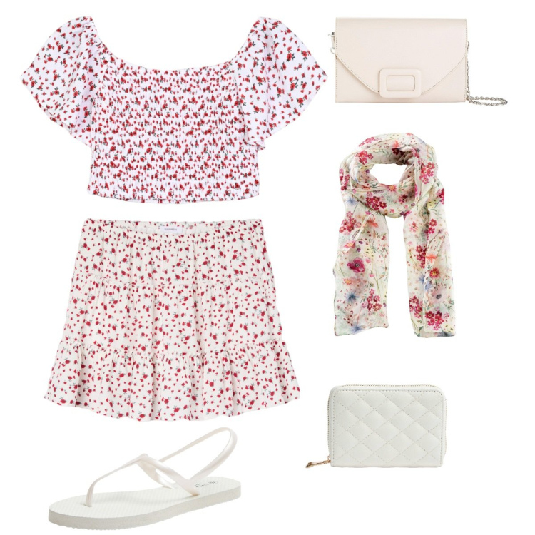 Outfit donna - Floral outfit. Stile Casual chic per Tutti i giorni. Abbinamento con foulard, pochette, bluse, sandali, minigonne, portafogli.