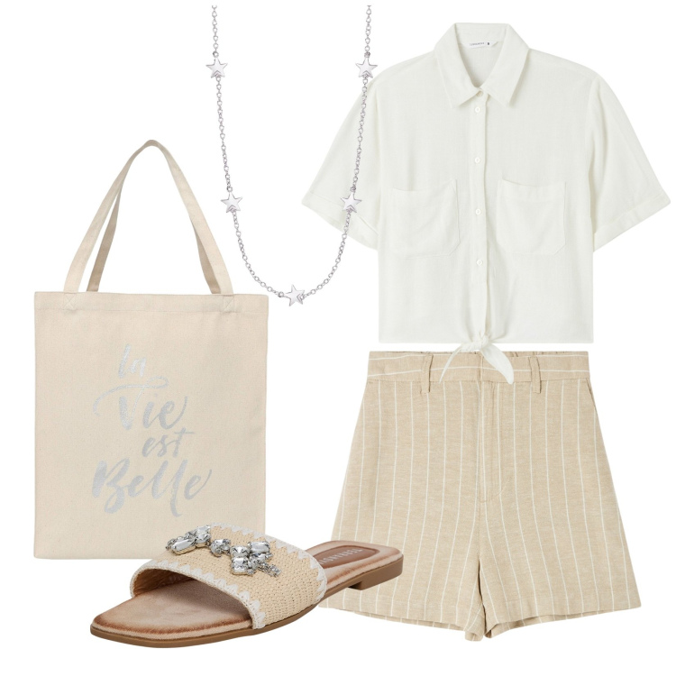 Outfit donna - La vie est belle. Stile Casual chic per Tutti i giorni. Abbinamento con bermuda, ciabatte, borse tote, camicie a manica corta, collane.