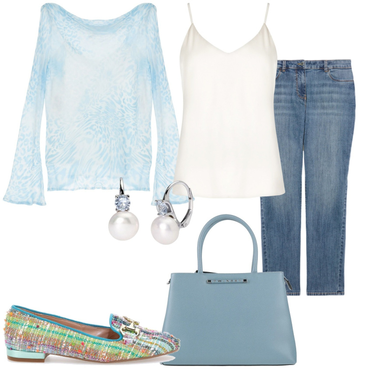Outfit donna - Vado per compere. Stile Trendy per Tutti i giorni. Abbinamento con borse a mano, orecchini, top, maglieria, mocassini, jeans skinny.