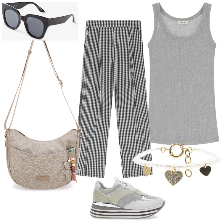 Outfit donna - Total look. Stile Trendy per Tutti i giorni. Abbinamento con occhiali da sole, braccialetti, canottiere, pantaloni, sneakers, borse a tracolla.