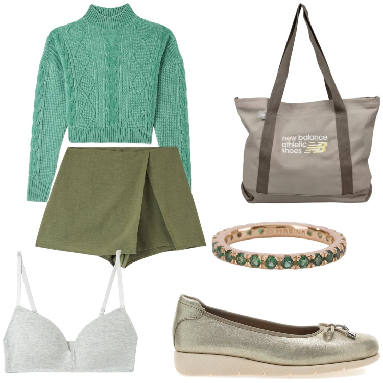 Outfit donna - Total look. Stile Trendy per Tutti i giorni. Abbinamento con minigonne, maglieria, reggiseni, anelli, shopping bag, ballerine.