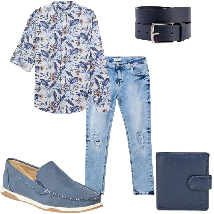 Outfit uomo - La mia camicia fantasia. Stile Trendy per Tutti i giorni. Abbinamento con camicie, scarpe stringate, jeans strappati, portafogli, cinture.