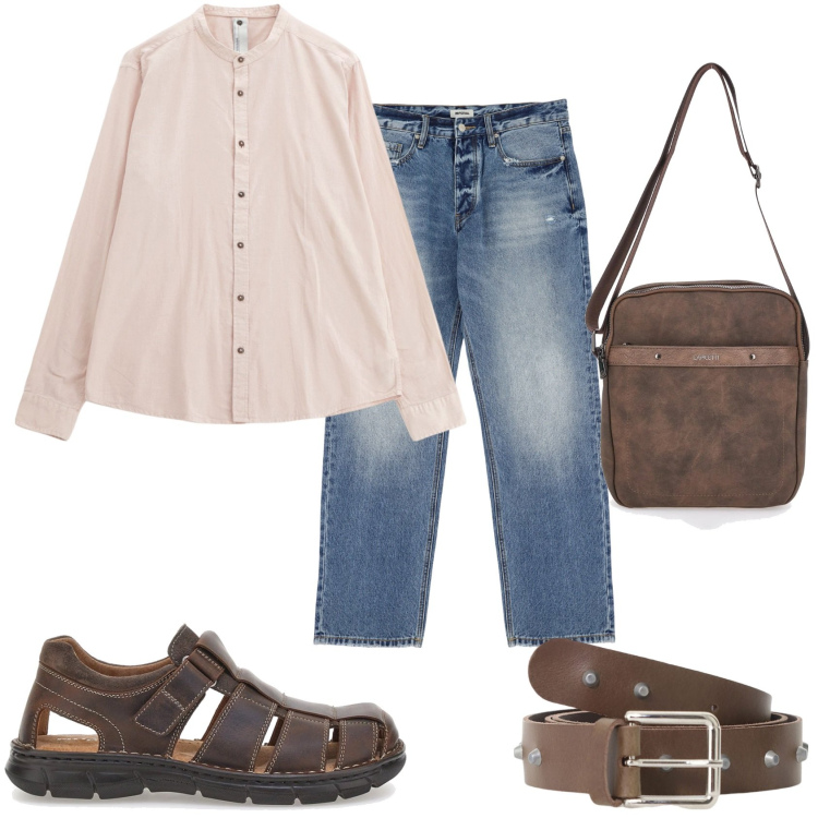 Outfit uomo - In giro per la città. Stile Trendy per Tutti i giorni. Abbinamento con jeans, cinture, camicie, portafogli, sandali.