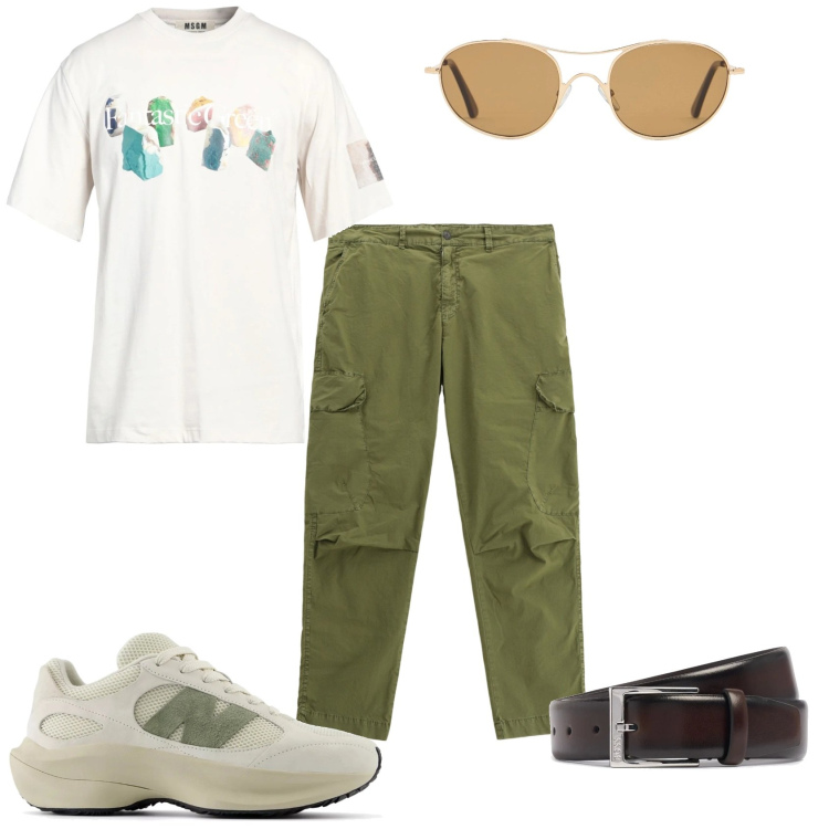 Outfit uomo - La giornata di libertà. Stile Casual per Tutti i giorni. Abbinamento con t-shirt, sneakers, pantaloni cargo, cinture, occhiali da sole.