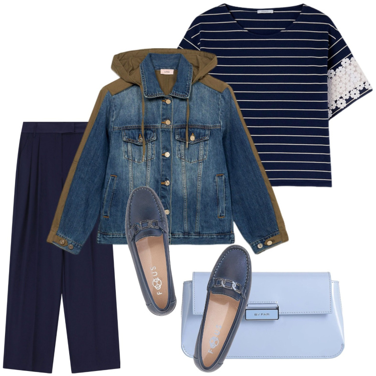 Outfit donna - Overdose blu. Stile Minimal per Serata fuori. Abbinamento con borse a mano, pantaloni, mocassini, t-shirt, blazer.