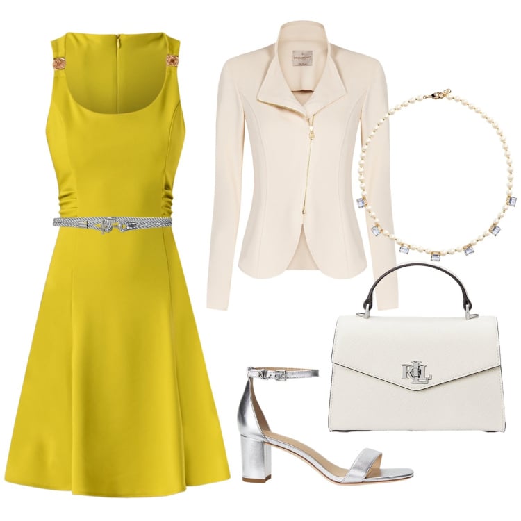 Outfit donna - Afrodite. Stile Bon Ton per Cerimonia. Abbinamento con vestiti, blazer, cinture, collane, borse a mano, sandali in pelle.