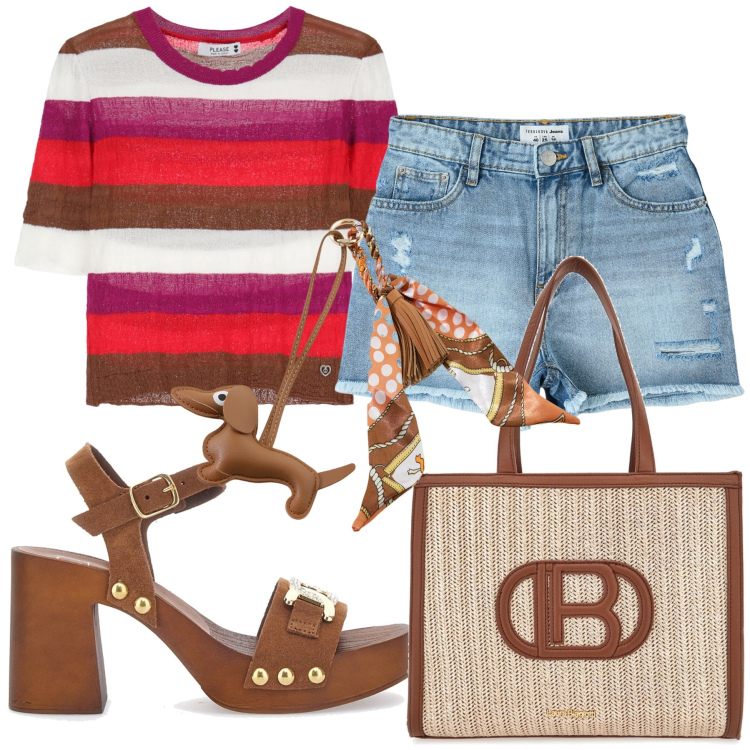 Outfit donna - Due passi in shorts. Stile Sporty chic per Tutti i giorni. Abbinamento con shorts, maglieria, portachiavi, borse a spalla, zoccoli.