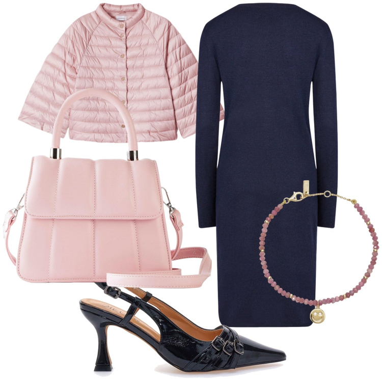 Outfit donna - Rosa e nero sempre chic. Stile Chic per Ufficio. Abbinamento con borse a tracolla, braccialetti, vestiti midi/longuette, décolleté, cappe.