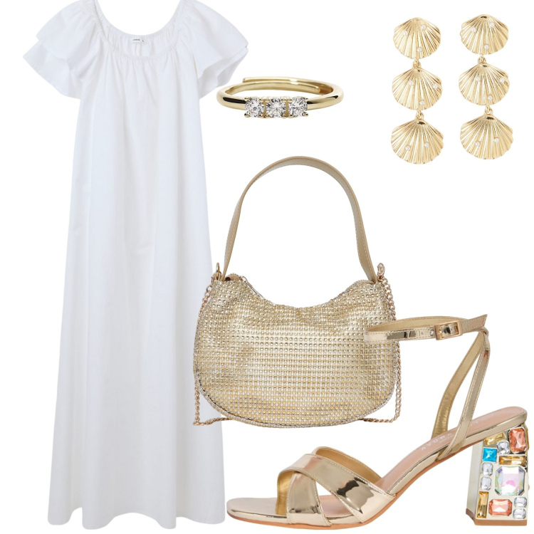 Outfit donna - Bianco e oro + conchiglie. Stile Casual chic per Tutti i giorni. Abbinamento con vestiti lunghi, orecchini, sandali gioiello, borse a spalla, anelli.