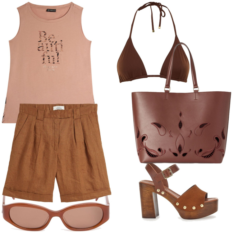 Outfit donna - Gelato al cioccolato. Stile Trendy per Mare. Abbinamento con bermuda, canottiere, occhiali da sole, bikini, shopping bag, zoccoli.