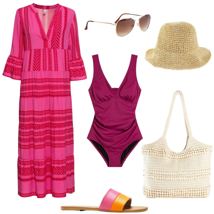 Outfit donna - Vitaminic hot summer vibes. Stile Etnico per Mare. Abbinamento con vestiti lunghi, occhiali da sole, cappelli, ciabatte, costumi interi, shopping bag.