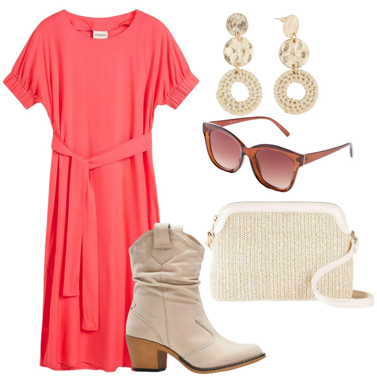 Outfit donna - Monocromo vitaminico. Stile Boho per Tutti i giorni. Abbinamento con stivaletti texani, borse a tracolla, orecchini, vestiti midi/longuette, occhiali da sole.