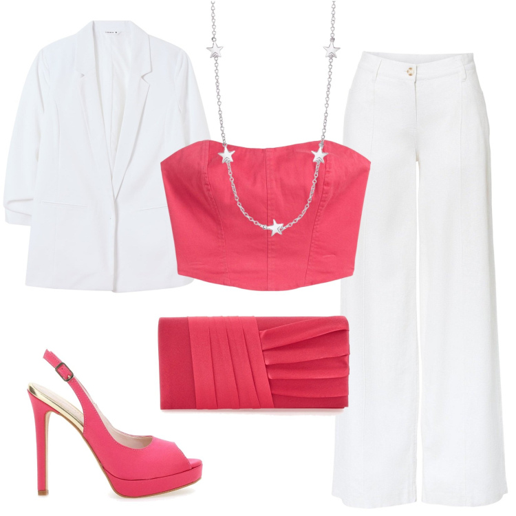 Outfit donna - Purezza Corallo. Stile Glamour per Cerimonia. Abbinamento con pantaloni a palazzo, top, blazer, collane, décolleté, pochette.