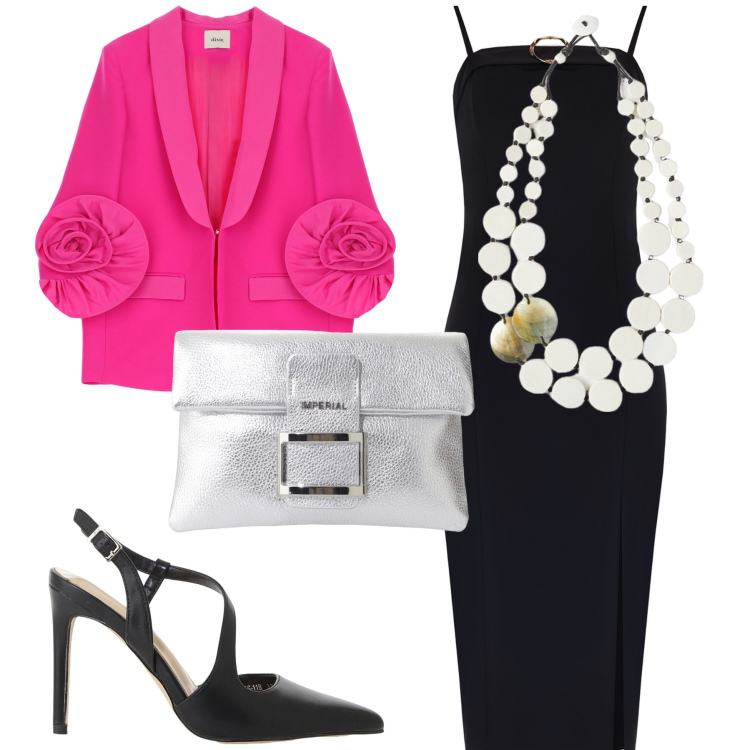 Outfit donna - Serata con blazer originale. Stile Glamour per Serata fuori. Abbinamento con pochette, décolleté, blazer, vestiti midi/longuette, ciondoli.