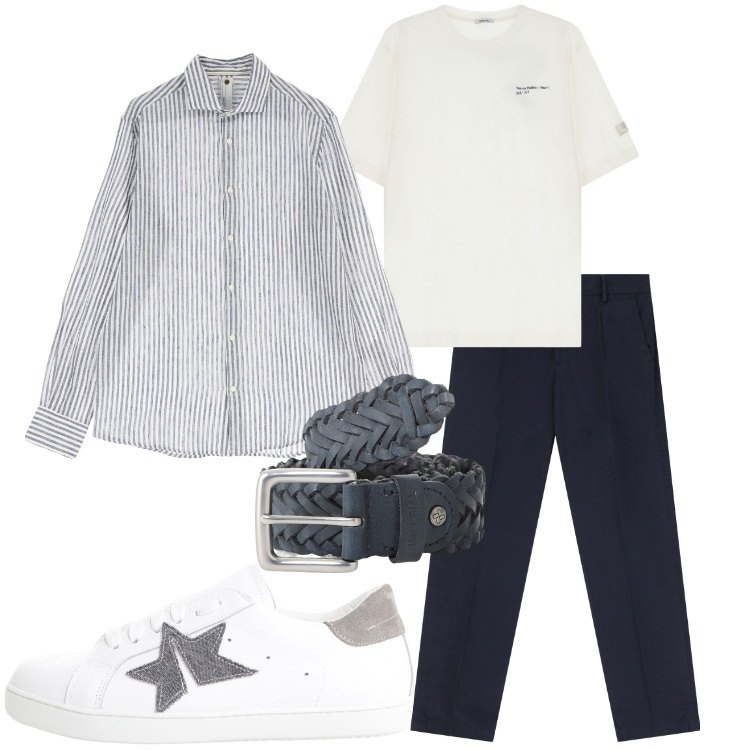 Outfit uomo - Dettagli a righe sottili. Stile Trendy per Tutti i giorni. Abbinamento con camicie, t-shirt, cinture, sneakers, pantaloni chino.