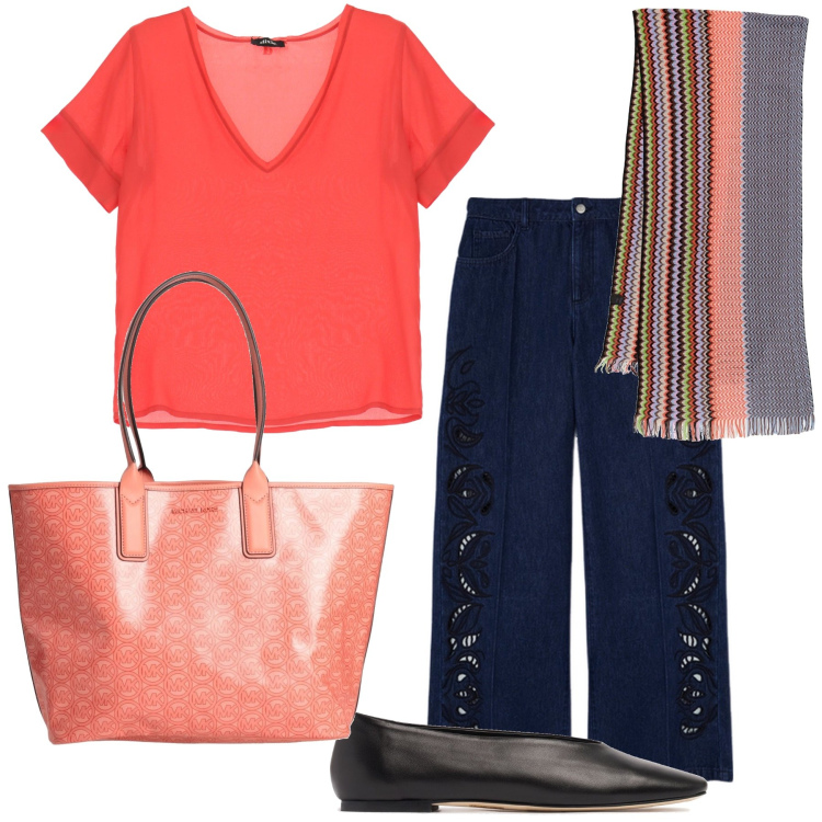 Outfit donna - Corallo e nero. Stile Urban per Tutti i giorni. Abbinamento con borse a mano, t-shirt, jeans, ballerine, sciarpe.