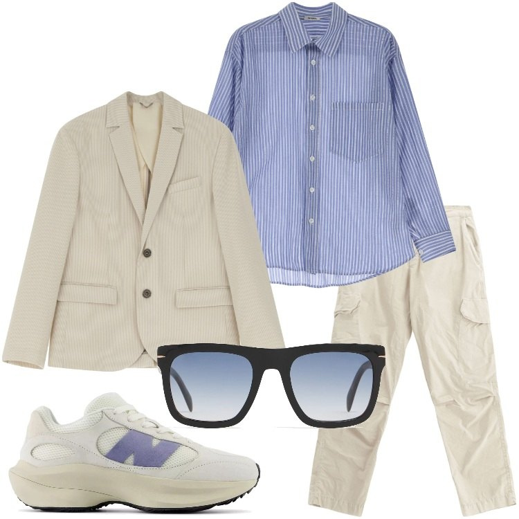 Outfit uomo - Dettagli a righe sottili. Stile Trendy per Ufficio. Abbinamento con sneakers, giacche, pantaloni cargo, camicie, occhiali da sole.