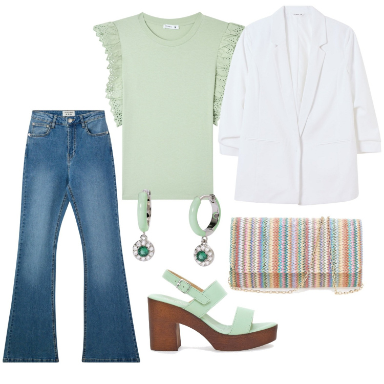 Outfit donna - Verde primavera. Stile Casual chic per Tutti i giorni. Abbinamento con t-shirt, blazer, jeans a zampa, orecchini, zoccoli, pochette.