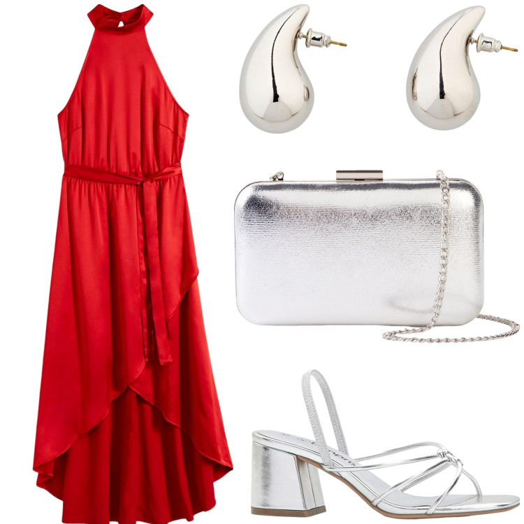 Outfit donna - Colori vibranti per serate estive. Stile Glamour per Serata fuori. Abbinamento con vestiti, sandali col tacco, orecchini, pochette.