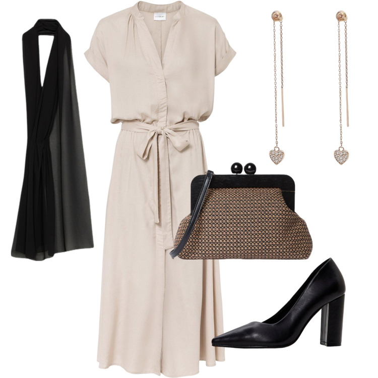 Outfit donna - Aperitivo in terrazza. Stile Bon Ton per Cerimonia. Abbinamento con vestiti chemisier, décolleté, orecchini, stole, clutch.