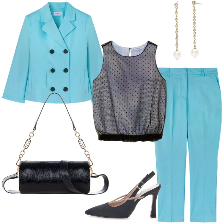 Outfit donna - Il tailleur per un evento formale. Stile Chic per Cerimonia. Abbinamento con orecchini, borse a mano, décolleté, blazer, pantaloni, top.
