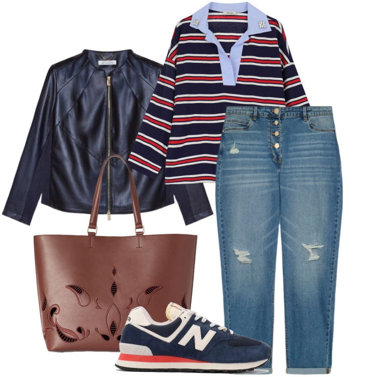 Outfit donna - Righe a contrasto. Stile Urban per Tutti i giorni. Abbinamento con sneakers, maglieria, jeans strappati, blazer, shopping bag.