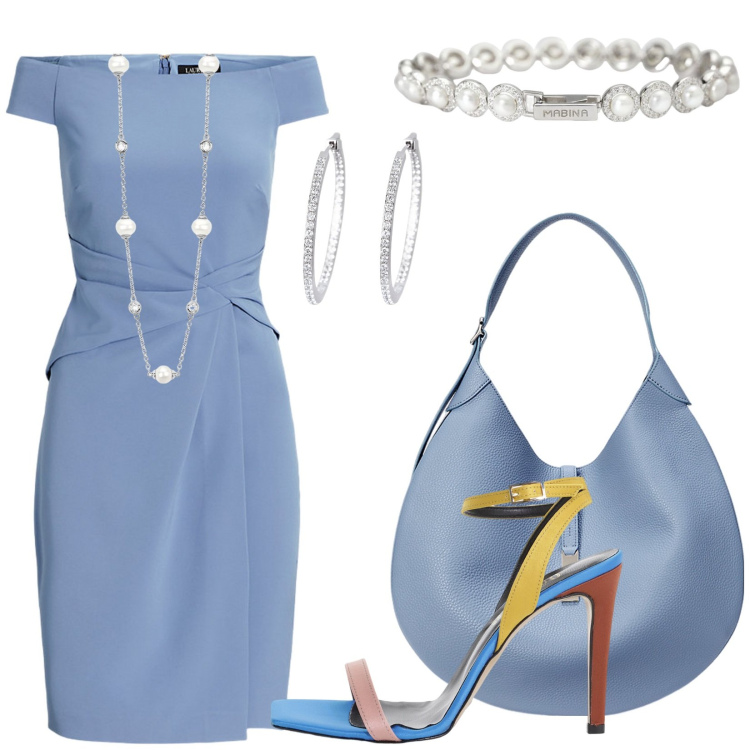 Outfit donna - Azzurro polvere. Stile Chic per Cerimonia. Abbinamento con collane, orecchini, braccialetti, sandali col tacco, vestiti, borse a spalla.