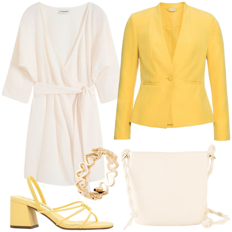 Outfit donna - Summer vibes in ufficio. Stile Chic per Ufficio. Abbinamento con blazer, sandali col tacco, vestiti corti, anelli, borse a tracolla.