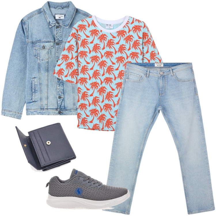 Outfit uomo - La t-shirt hawaiana. Stile Casual per Tutti i giorni. Abbinamento con giacche, jeans, t-shirt, portafogli, sneakers.