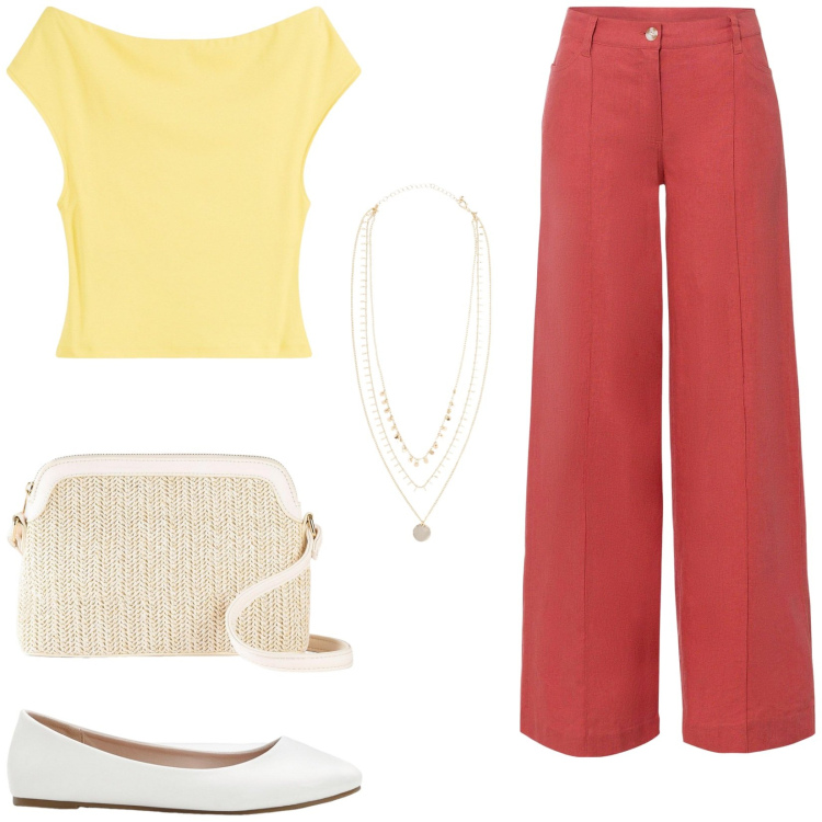 Outfit donna - bonprix - HOT SUMMER VIBES. Stile Casual per Tutti i giorni. Abbinamento con pantaloni a palazzo, maglieria, collane, borse a tracolla, ballerine.