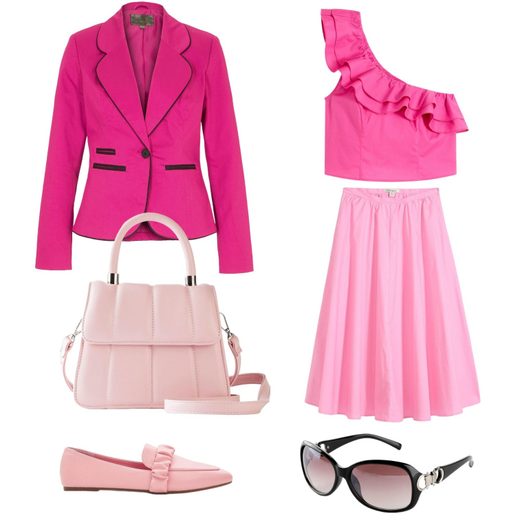 Outfit donna - Rosa e fucsia. Stile Bon Ton per Serata fuori. Abbinamento con gonne longuette, mocassini, blazer, occhiali da sole, bluse, borse a tracolla.