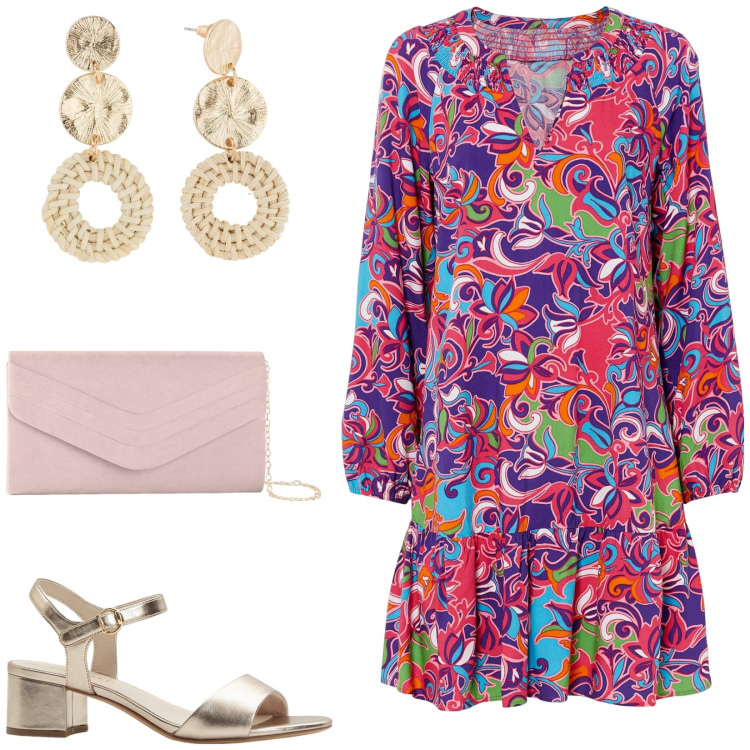 Outfit donna - bonprix - HOT SUMMER VIBES. Stile Casual chic per Tutti i giorni. Abbinamento con vestiti, orecchini, sandali col tacco, pochette.