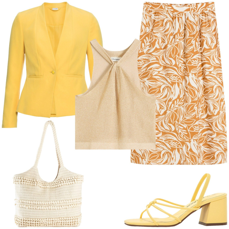 Outfit donna - bonprix - HOT SUMMER VIBES. Stile Casual chic per Cerimonia. Abbinamento con sandali col tacco, blazer, top, shopping bag, gonne longuette.