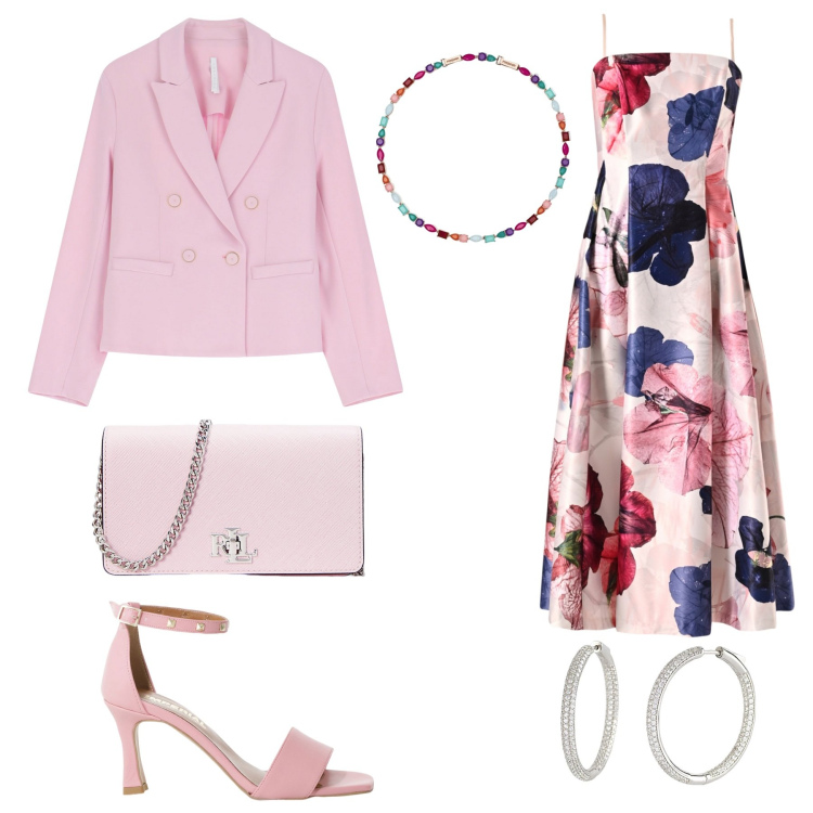 Outfit donna - Il vestito a fiori. Stile Romantica per Cerimonia. Abbinamento con sandali col tacco, blazer, collane, orecchini, vestiti midi/longuette, borse a tracolla.