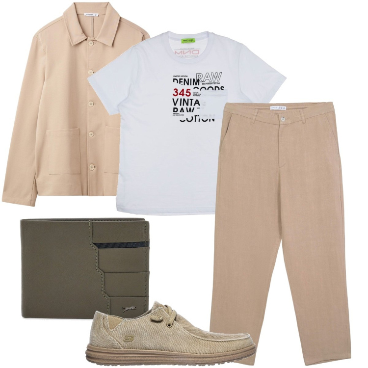 Outfit uomo - Il completo sabbia. Stile Urban per Tutti i giorni. Abbinamento con cappotti, pantaloni chino, t-shirt, portafogli, sneakers.
