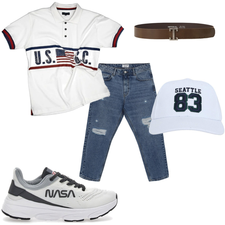 Outfit uomo - Casual americano. Stile Casual per Tutti i giorni. Abbinamento con jeans strappati, cappelli, cinture, polo, sneakers.