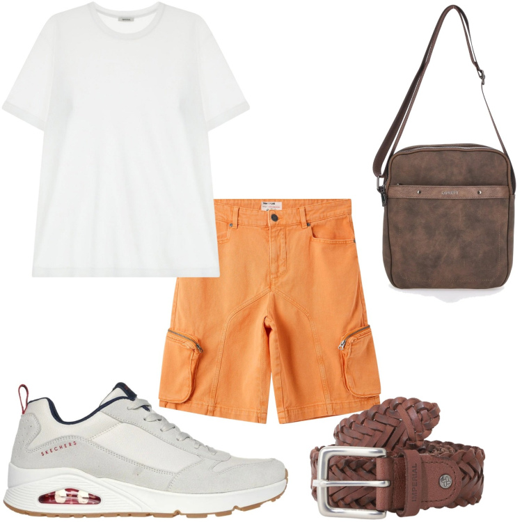 Outfit uomo - Bermuda e maglietta. Stile Casual per Tutti i giorni. Abbinamento con pantaloni corti, t-shirt, cinture, portafogli, sneakers.
