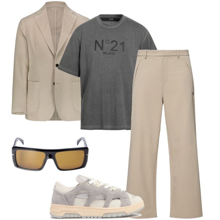 Outfit uomo - In ufficio. Stile Trendy per Ufficio. Abbinamento con t-shirt, giacche, occhiali da sole, sneakers, pantaloni.