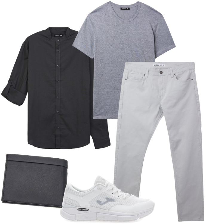 Outfit uomo - Layering grey. Stile Casual per Tutti i giorni. Abbinamento con pantaloni skinny, camicie, t-shirt, sneakers, portafogli.