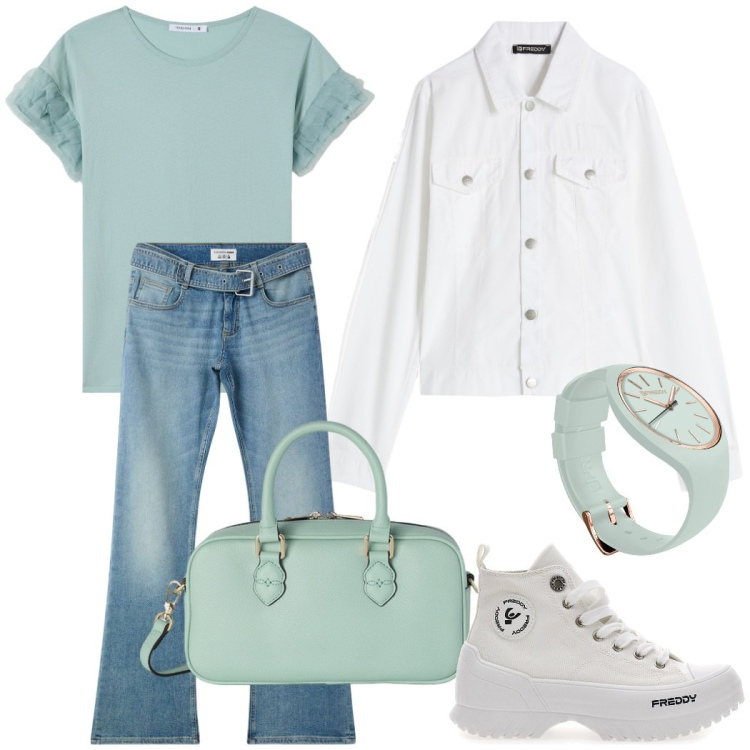 Outfit donna - La delicatezza del verde acqua. Stile Casual chic per Tutti i giorni. Abbinamento con t-shirt, jeans a zampa, blazer, orologi, borse a mano, sneakers.