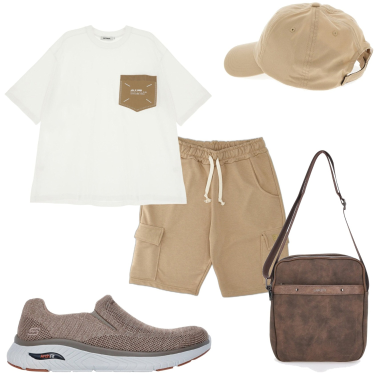 Outfit uomo - Sportivo in città. Stile Casual per Tutti i giorni. Abbinamento con t-shirt, portafogli, pantaloni corti, cappelli, sneakers.
