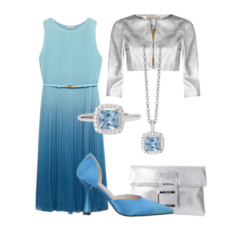 Outfit donna - Azzurro sfumato e argento. Stile Glamour per Cerimonia. Abbinamento con décolleté, anelli, collane, bolero, pochette, vestiti midi/longuette.