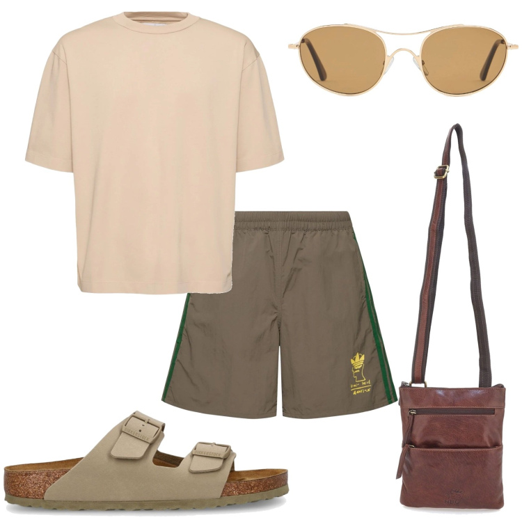 Outfit uomo - Al mare in modo chic. Stile Casual per Mare. Abbinamento con portafogli, sandali, occhiali da sole, t-shirt, shorts.