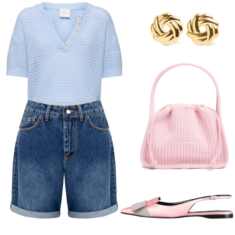 Outfit donna - Bermuda di jeans e accessori rosa. Stile Casual chic per Tutti i giorni. Abbinamento con ballerine, shorts, orecchini, borse a mano, polo.