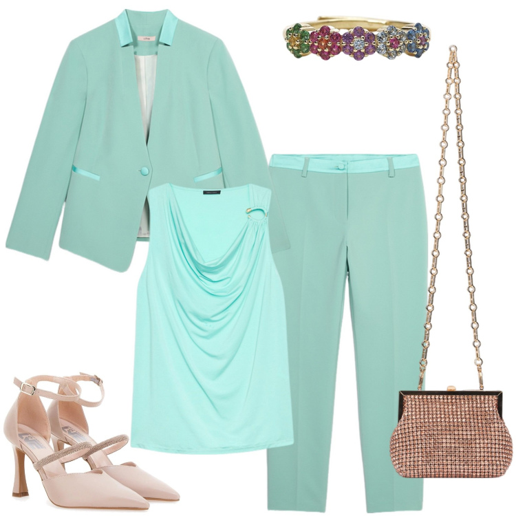 Outfit donna - Il tailleur elegante per una cerimonia. Stile Chic per Cerimonia. Abbinamento con anelli, top, décolleté, blazer, pantaloni chino, clutch.