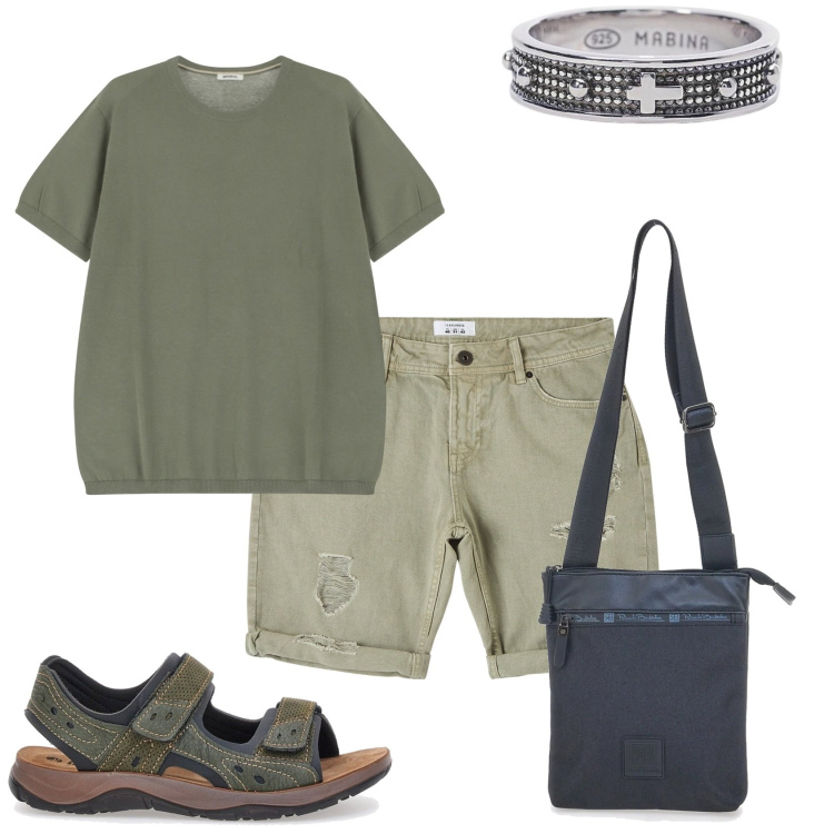 Outfit uomo - Arriva il caldo. Stile Casual per Tutti i giorni. Abbinamento con bermuda, anelli, t-shirt, portafogli, sandali.