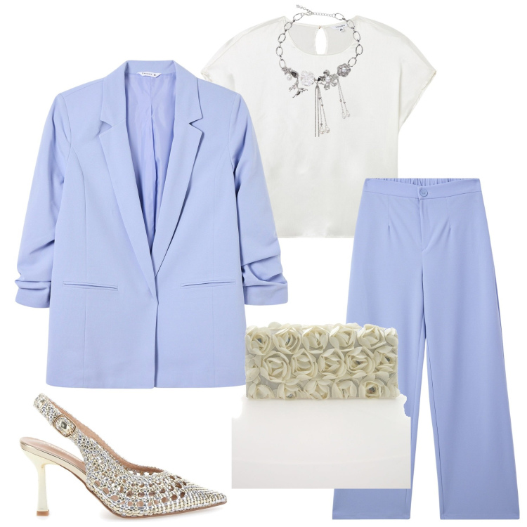 Outfit donna - Il tailleur. Stile Chic per Cerimonia. Abbinamento con pantaloni, blazer, bluse, collane, décolleté, pochette.