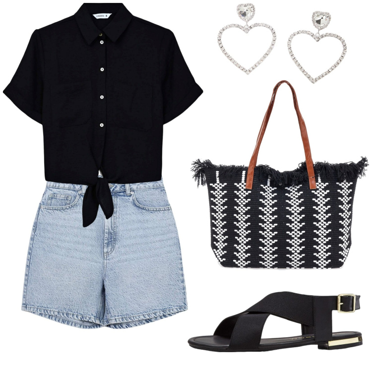 Outfit donna - Shorts by night. Stile Casual per Serata fuori. Abbinamento con sandali, camicie a manica corta, bermuda, orecchini, borse a spalla.