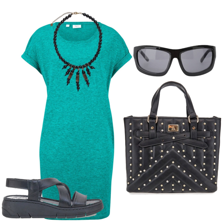 Outfit donna - La borsa borchiata. Stile Minimal per Tutti i giorni. Abbinamento con vestiti, occhiali da sole, sandali in pelle, borse a mano, collane.